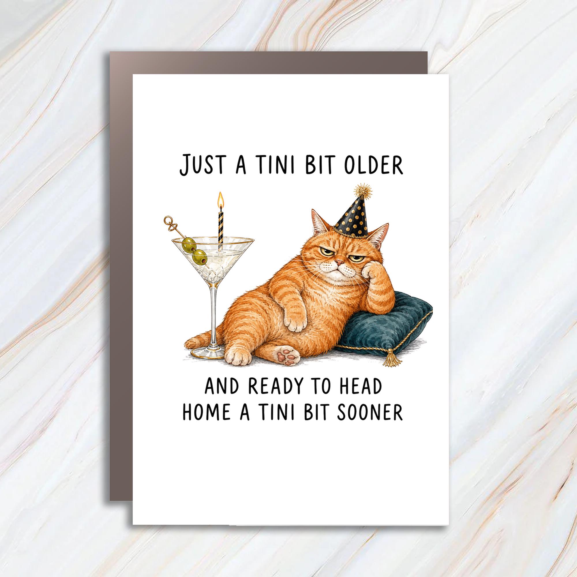 Just A Tini Bit Older Birthday Card Funny Cat With Martini Party Hat For Friend Animal Lover Celebration BC142