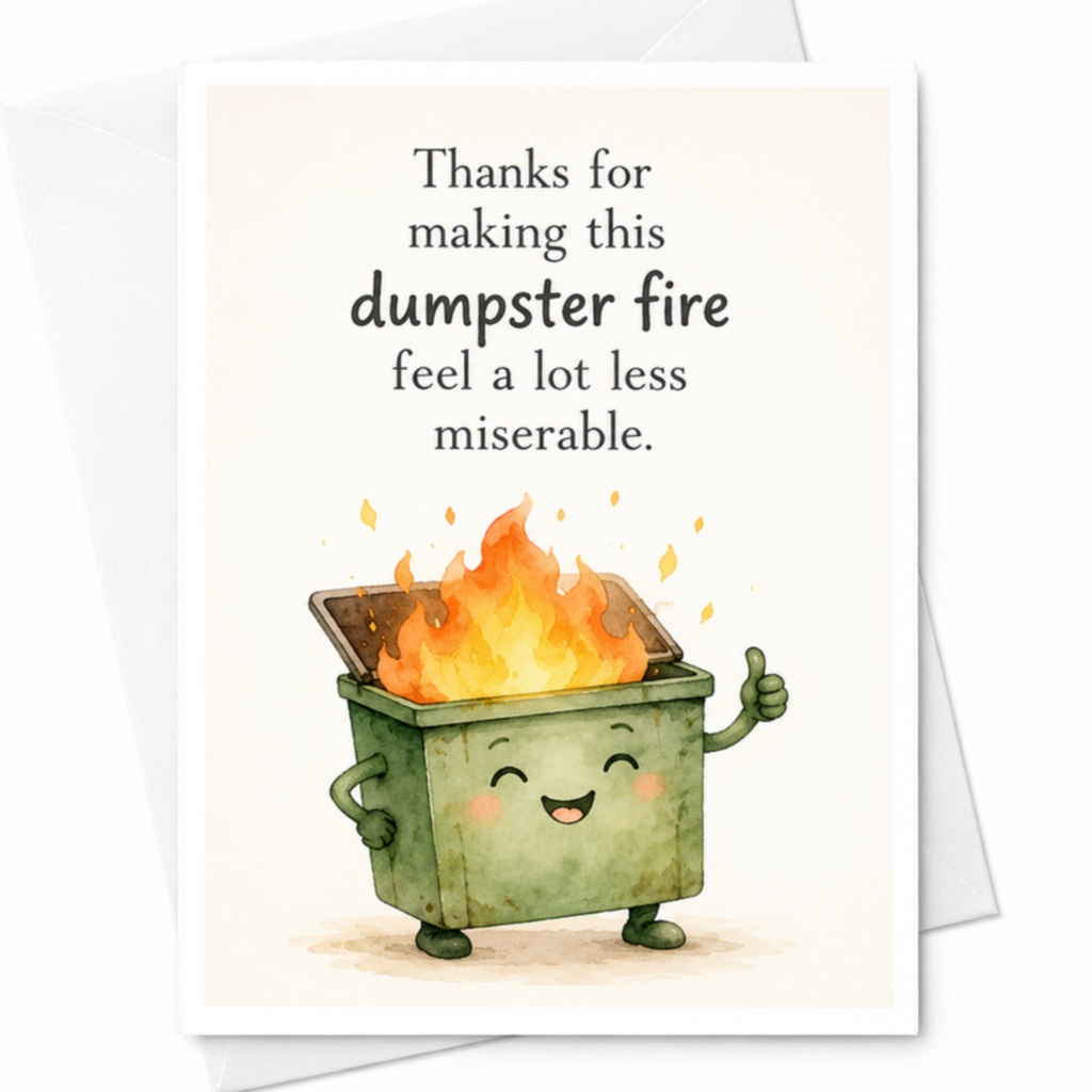 Thanks For Making This Dumpster Fire Feel A Lot Less Miserable. Funny Thank You Card Cute For Coworker Friend Boss Office Ap C4024