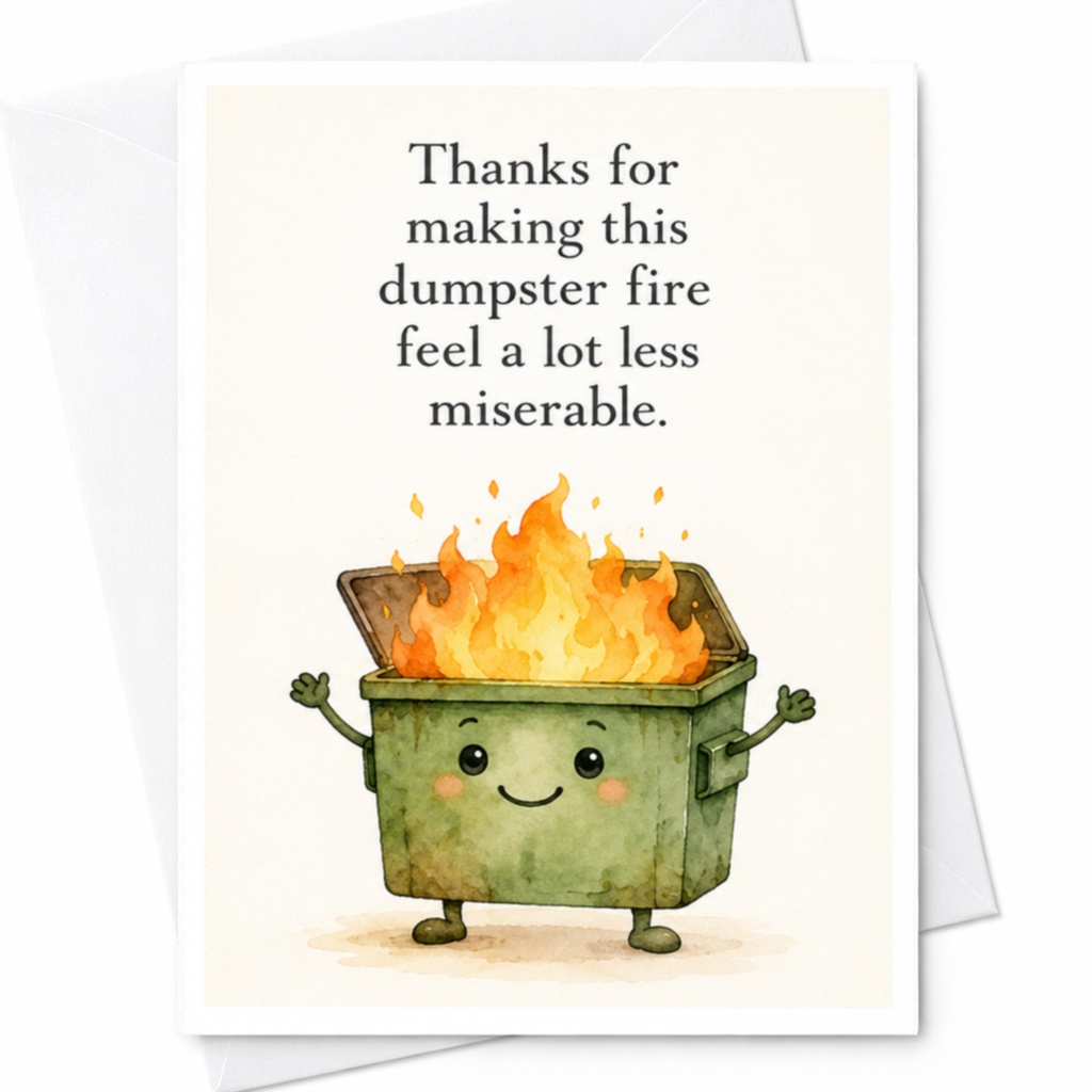 Thanks For Making This Dumpster Fire Feel A Lot Less Miserable. Funny Thank You Card Cute For Coworker Friend Boss Appreciat C4025
