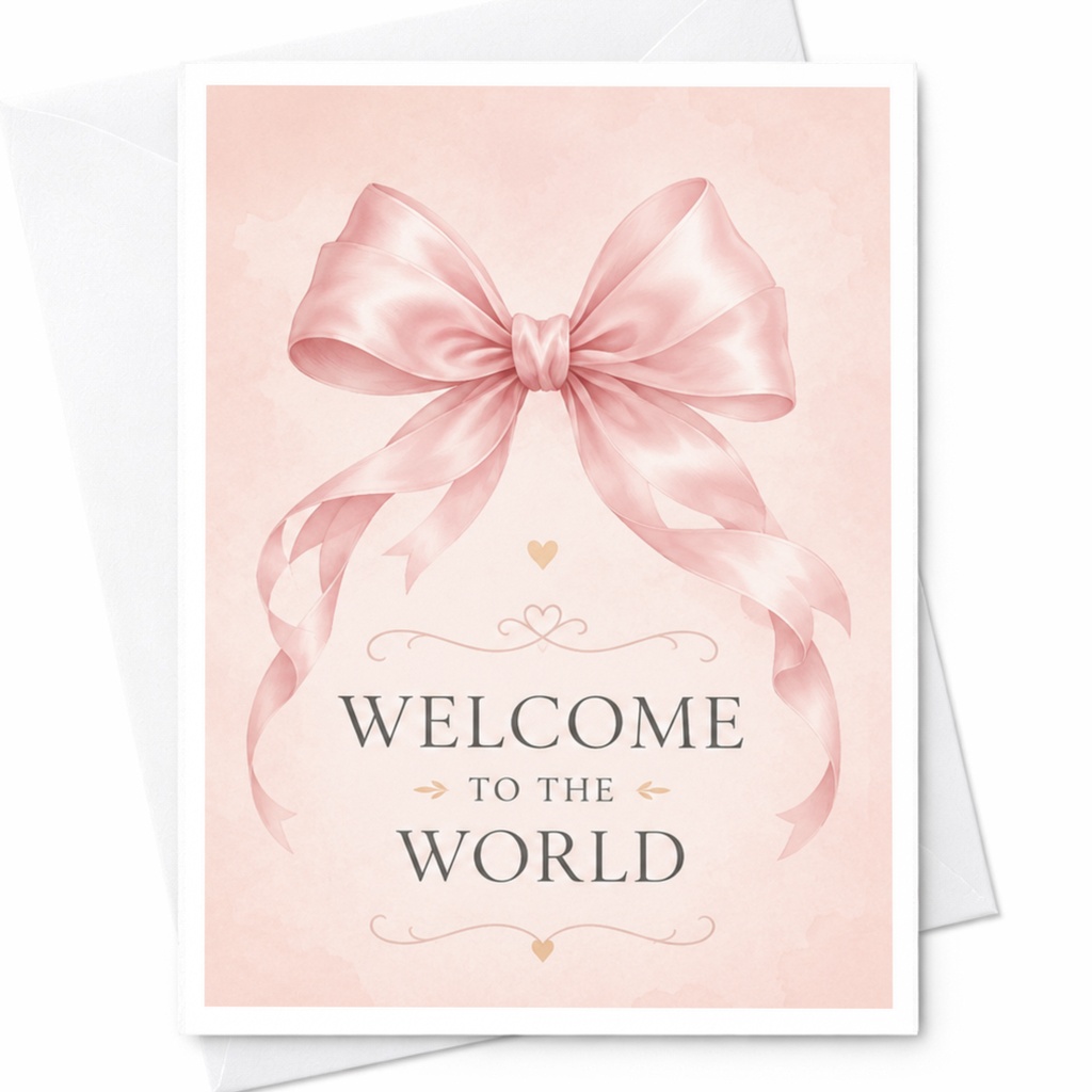 Welcome To The World Newborn Greeting Card Pink Bow Baby Shower Card Welcome Baby Girl Card Cute Birth Announcement C4058