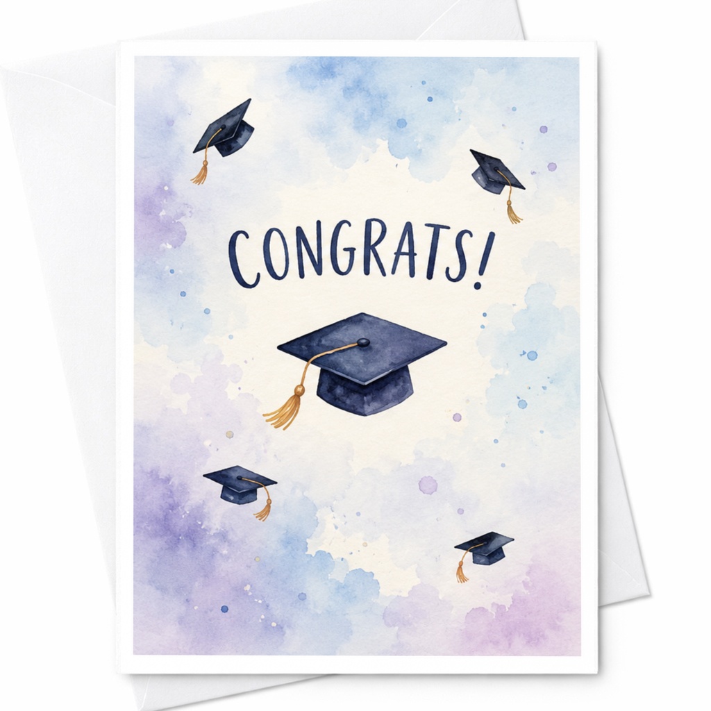 Congrats! Graduation Card Watercolor Cap High School College Grad Congrats Card For Graduate Purple Black C4051