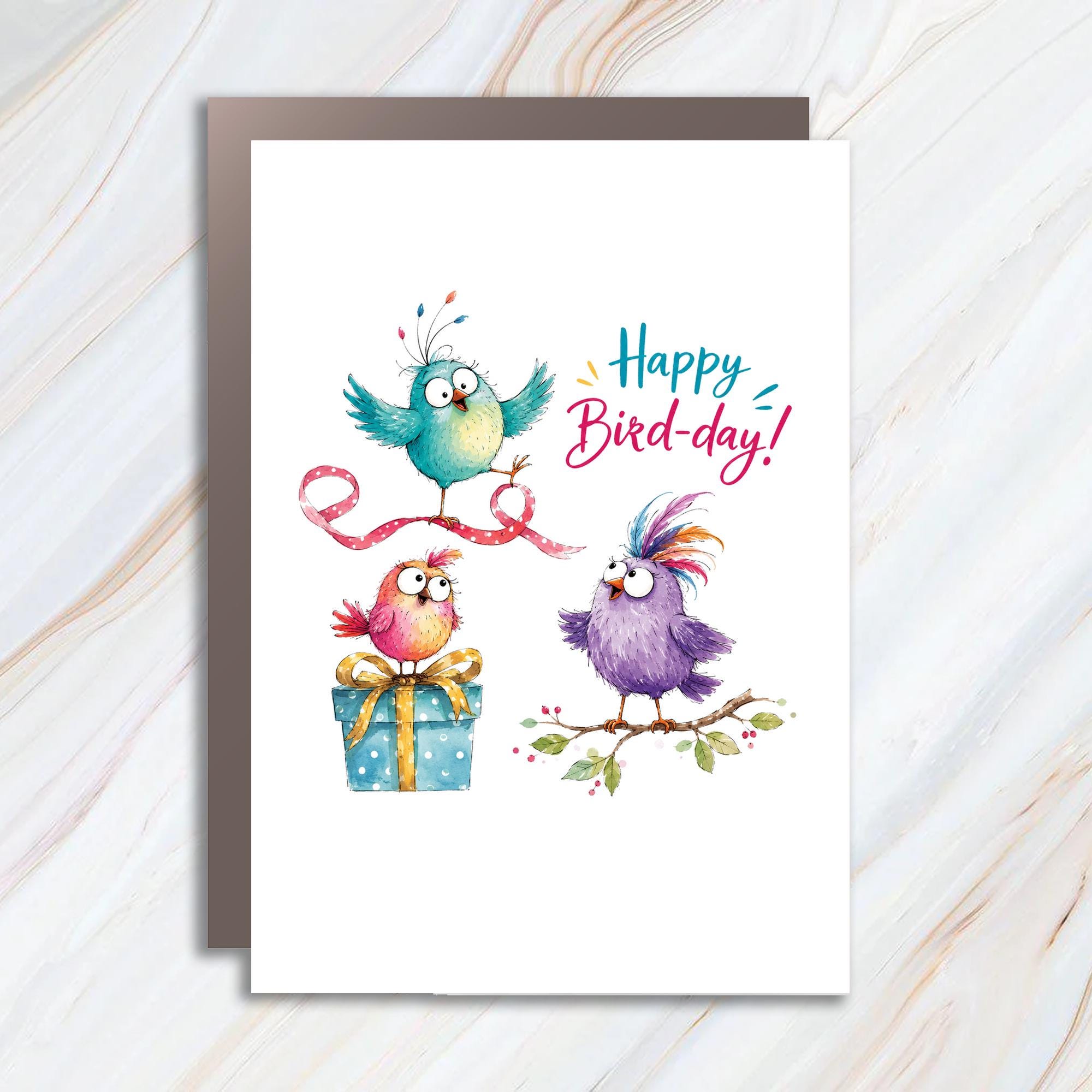 Happy Bird-Day! Birthday Card Cute Cartoon Birds Fun Greeting Card For Kids Animal Lover Colorful Illustration BC155