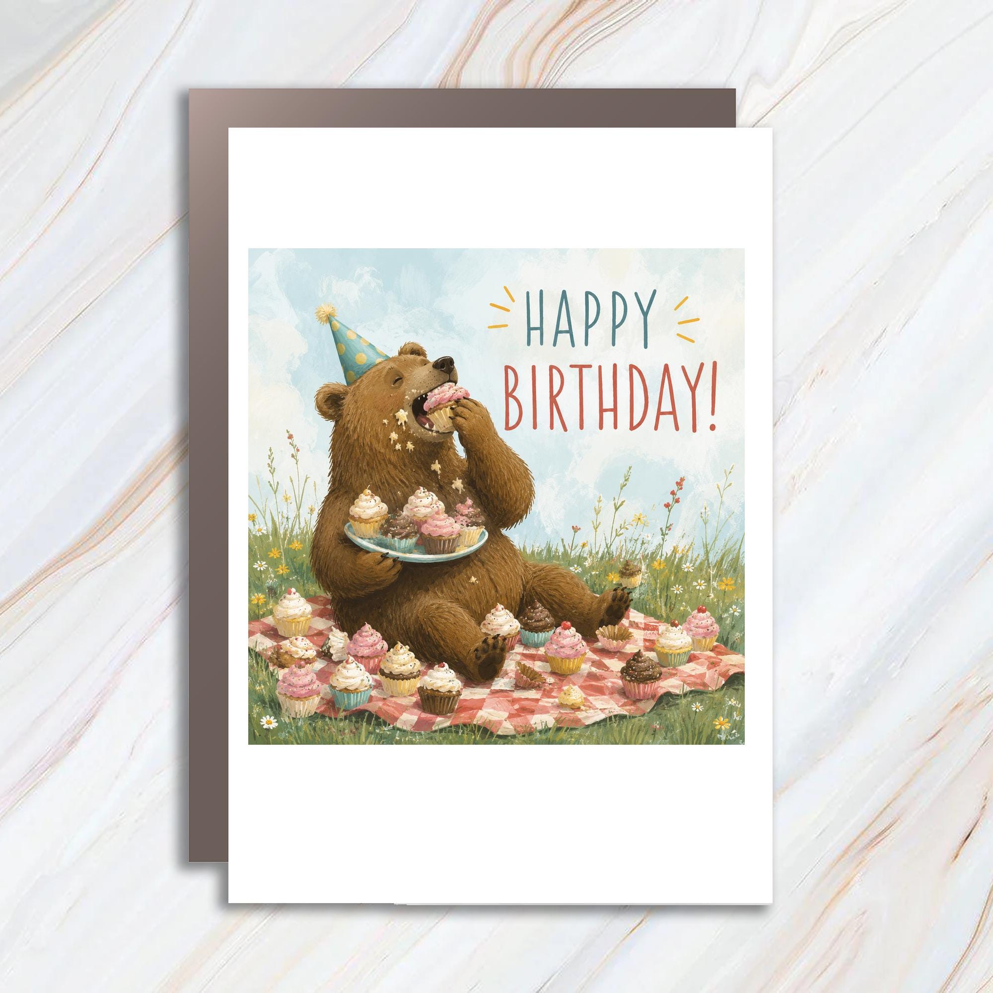 Happy Birthday! Cute Bear Birthday Card Fun Animal Greeting Card For Kids Celebration Party Cupcake BC158