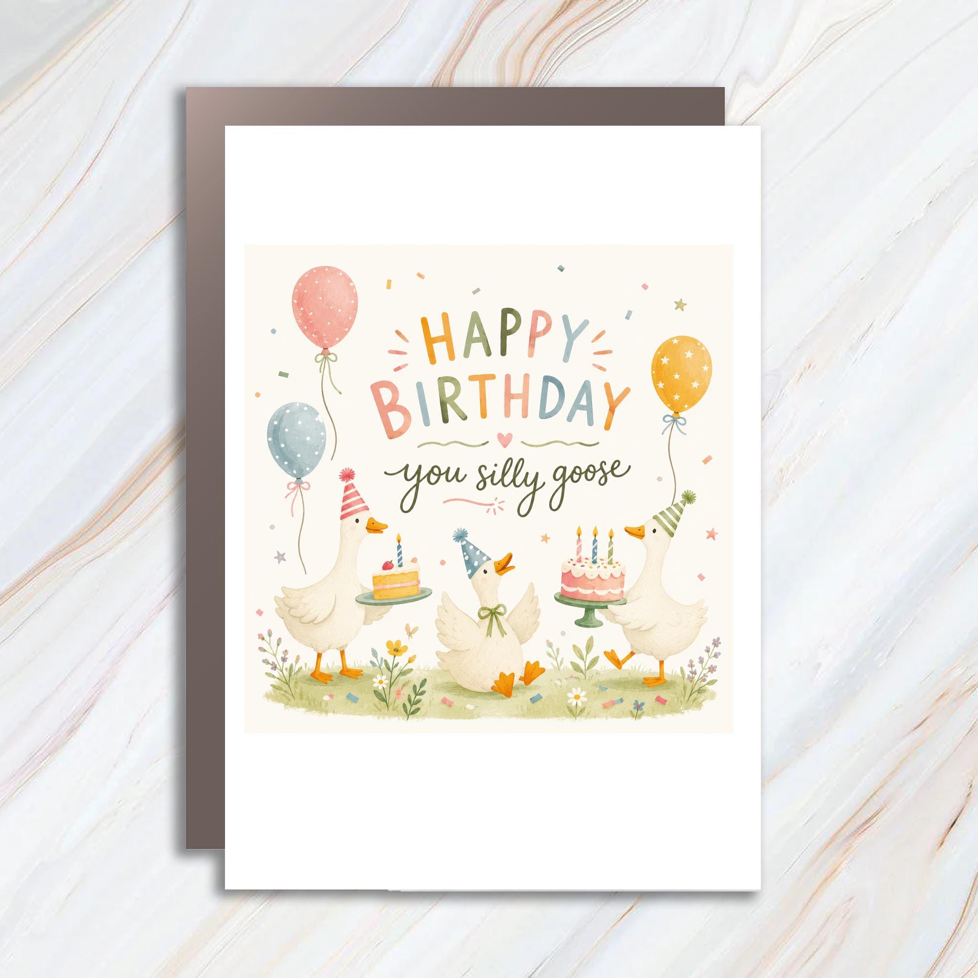 Happy Birthday You Silly Goose Funny Birthday Card Cute Geese With Balloons And Cakes For Friend Animal Lover Celebration BC154