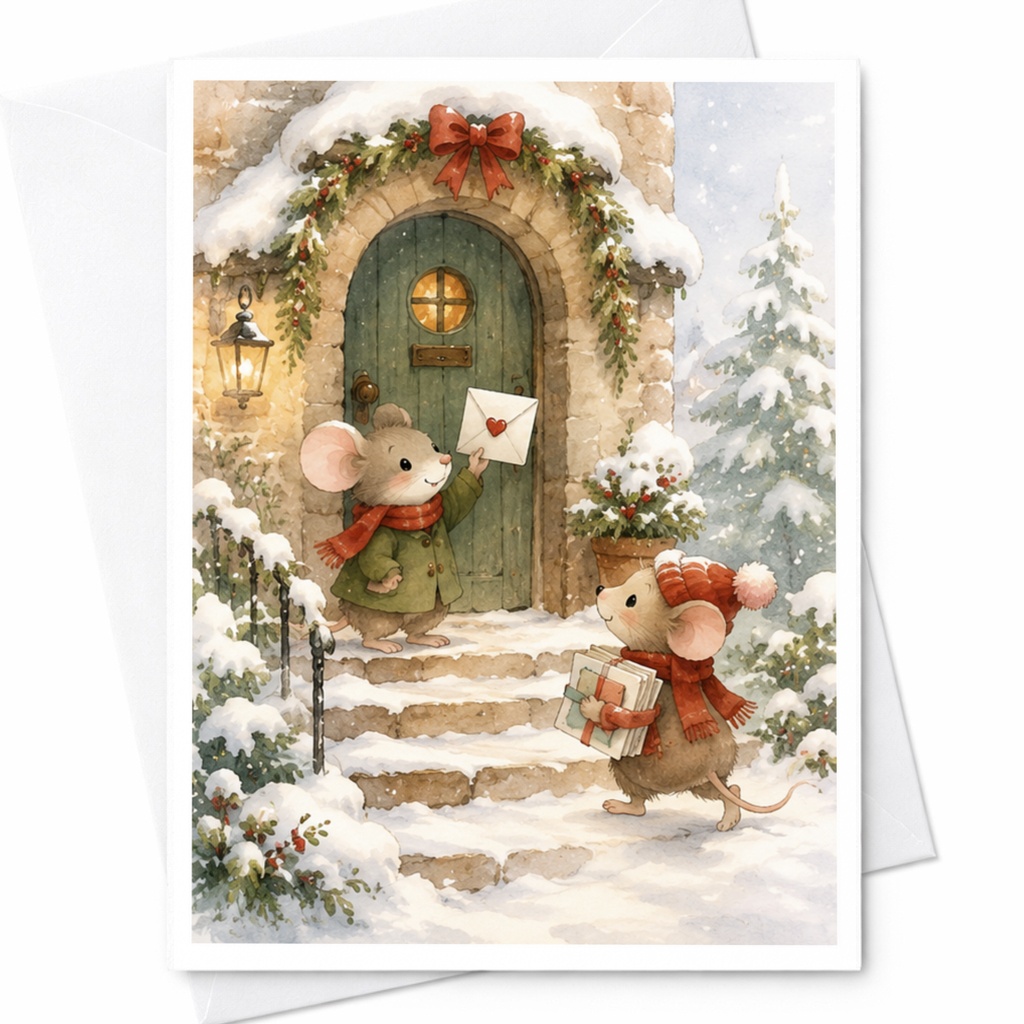 Cute Mice Christmas Card Winter Holiday Greeting Card Adorable Animal Illustration For Kids Family Festive Snowy Scene C4064