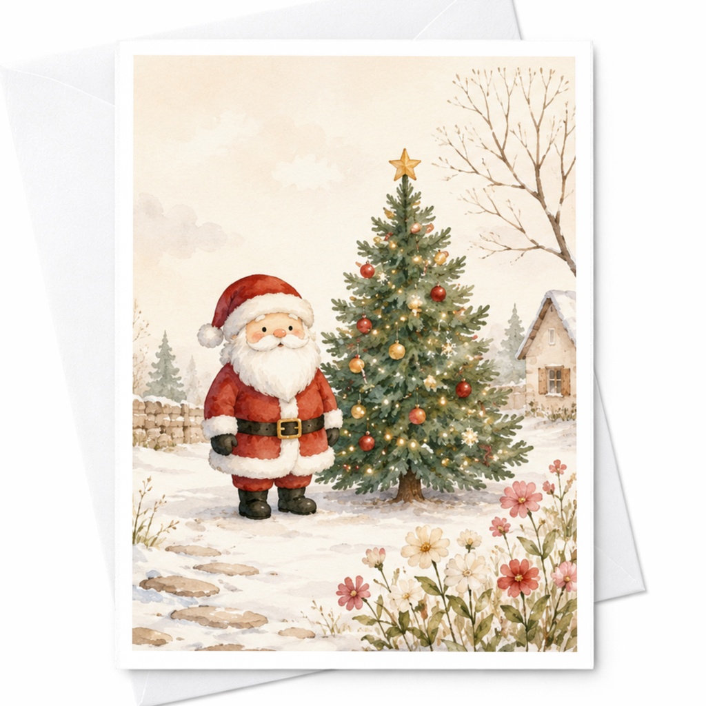 Santa With Christmas Tree Vintage Christmas Card Holiday Greeting Card For Family Friends Festive Winter Scene Cute C4066