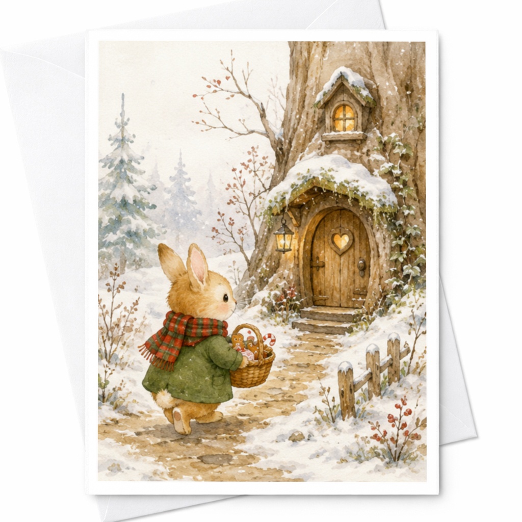 Bunny Winter Wonderland Christmas Card Cute Animal Holiday Greeting Card Woodland Scene For Kids Family Whimsical Art C4068