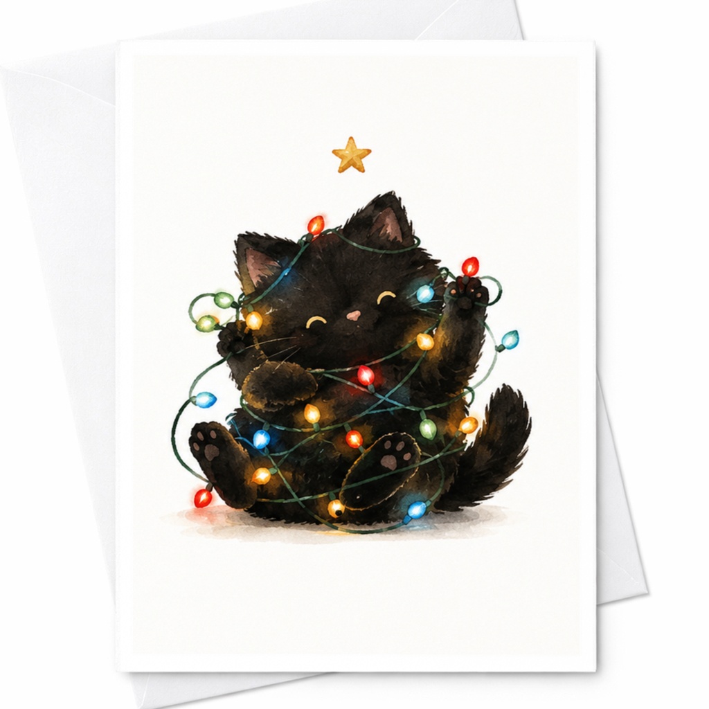 Cute Black Cat Christmas Card Holiday Greeting Card Adorable Cat Lover Gift Festive Lights Illustration For Friends Family C4070