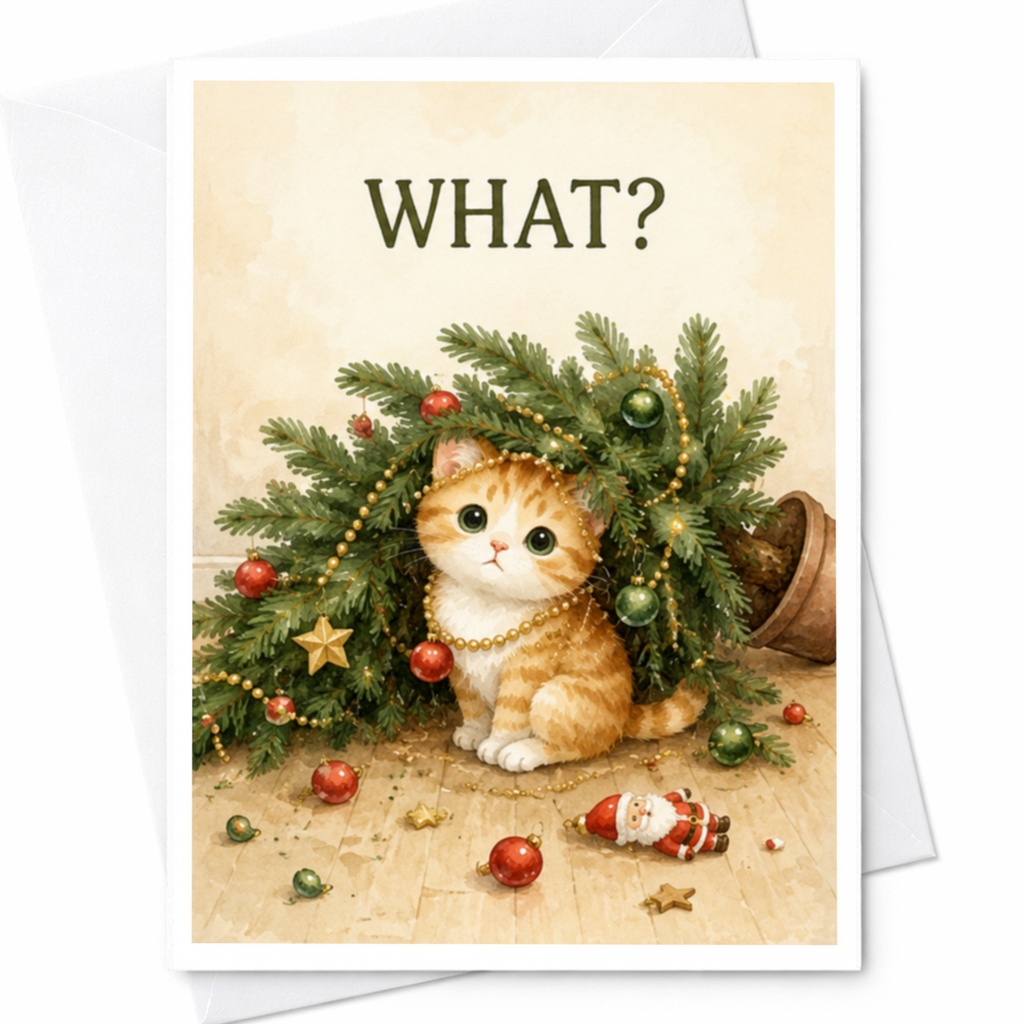 What? Funny Christmas Card Cute Cat Holiday Greeting Card For Cat Lover Xmas Card With Tree Ornaments C4072