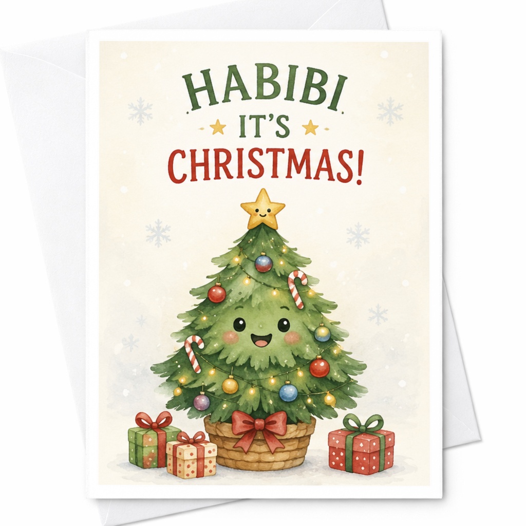 Habibi It's Christmas! Cute Christmas Card Holiday Greeting Card For Family Friends Festive Tree With Gifts C4076