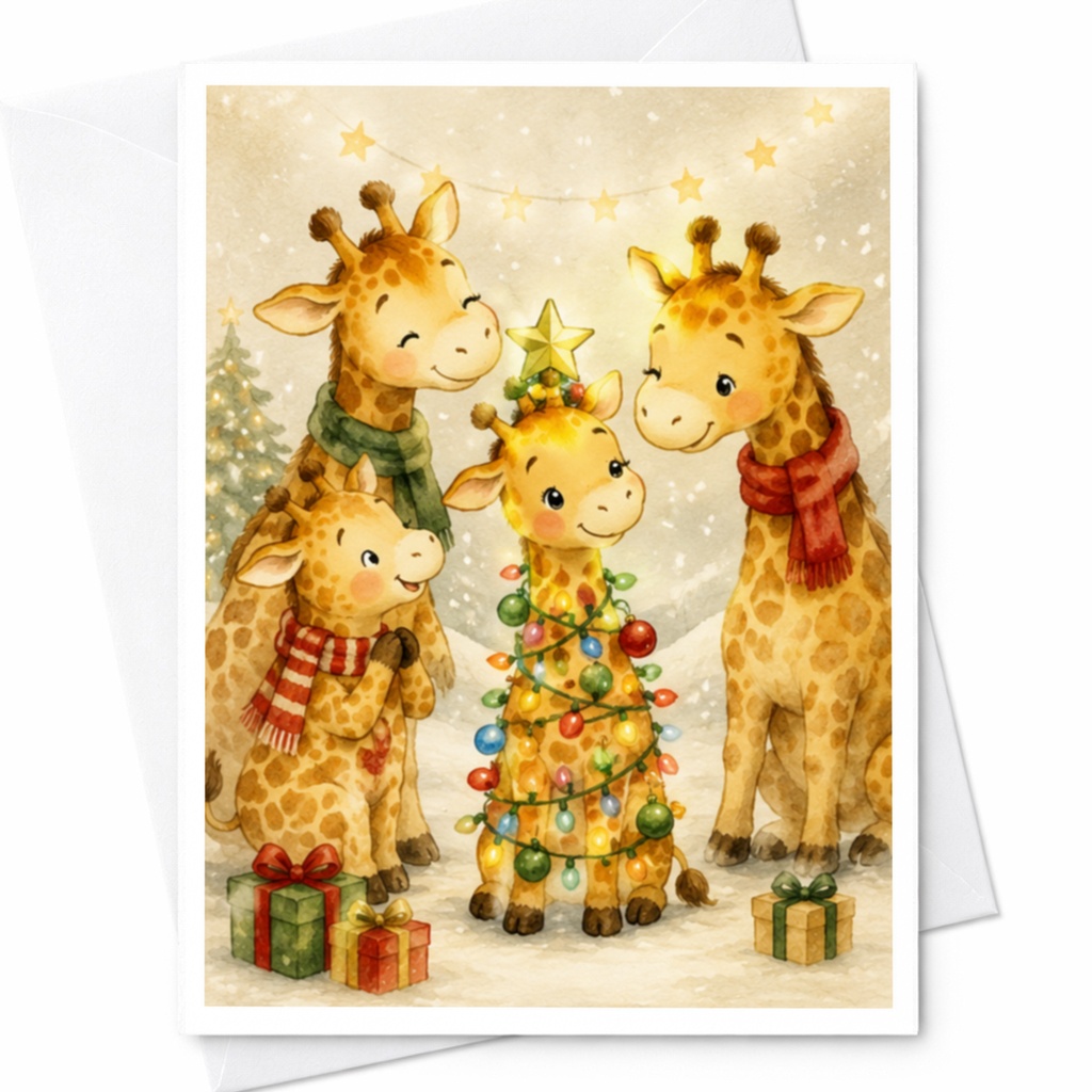 Giraffe Family Christmas Card Cute Animal Holiday Greeting Card For Kids Family Festive Winter Scene With Gifts C4079
