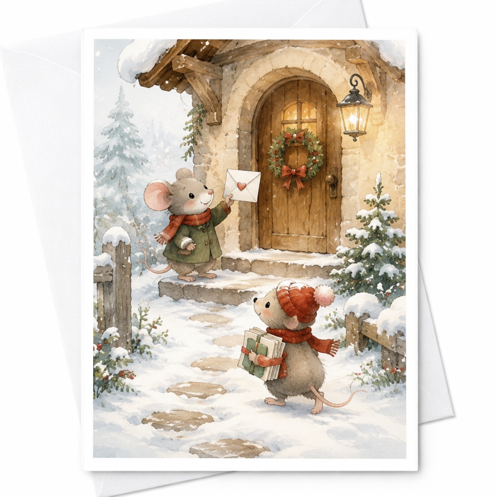 Cute Mice Christmas Card Winter Scene Holiday Greeting Card Adorable Animal Illustration For Kids Family Festive Season C4065