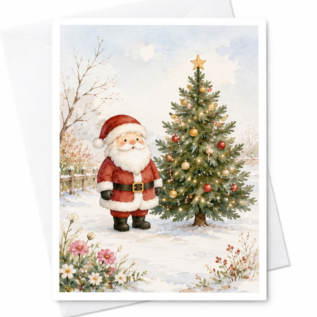 Santa And Christmas Tree Vintage Christmas Card Holiday Greeting Card For Family Friends Festive Winter Scene C4067