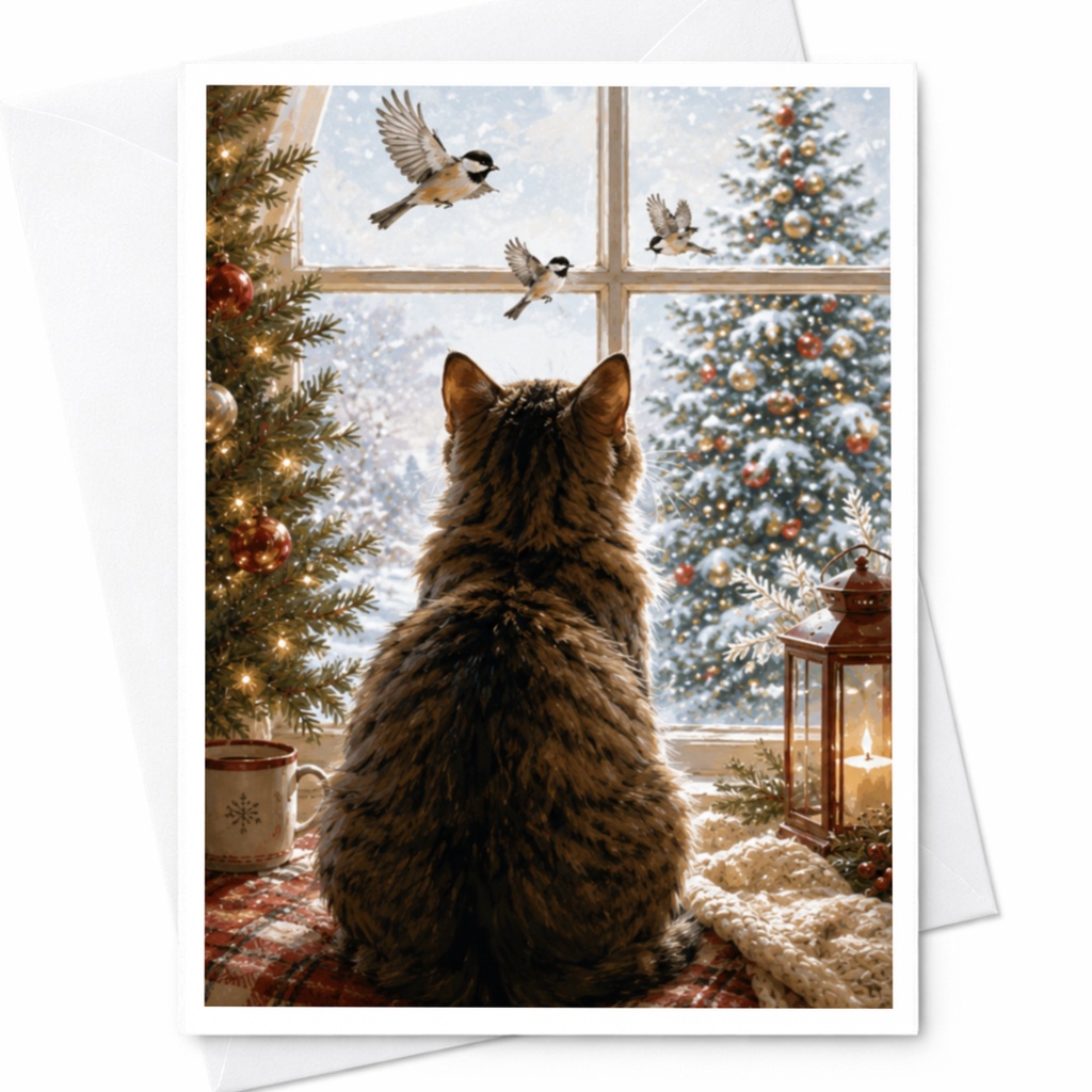 Cat Christmas Card Cozy Winter Scene Holiday Greeting Card For Cat Lover Festive Animal Card Cute Christmas Card C4089