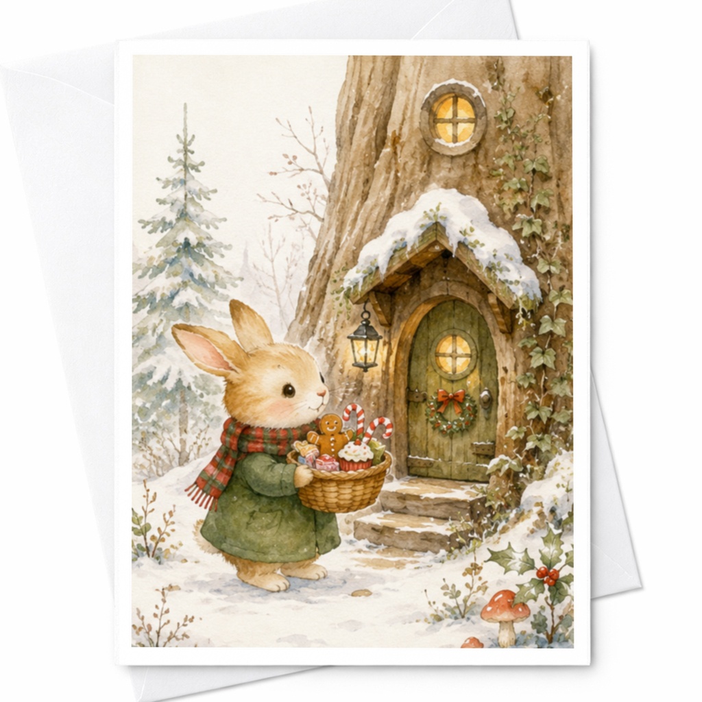 Whimsical Bunny Christmas Card Cute Animal Holiday Greeting Card Winter Scene For Animal Lover Festive Woodland Illustration C4069