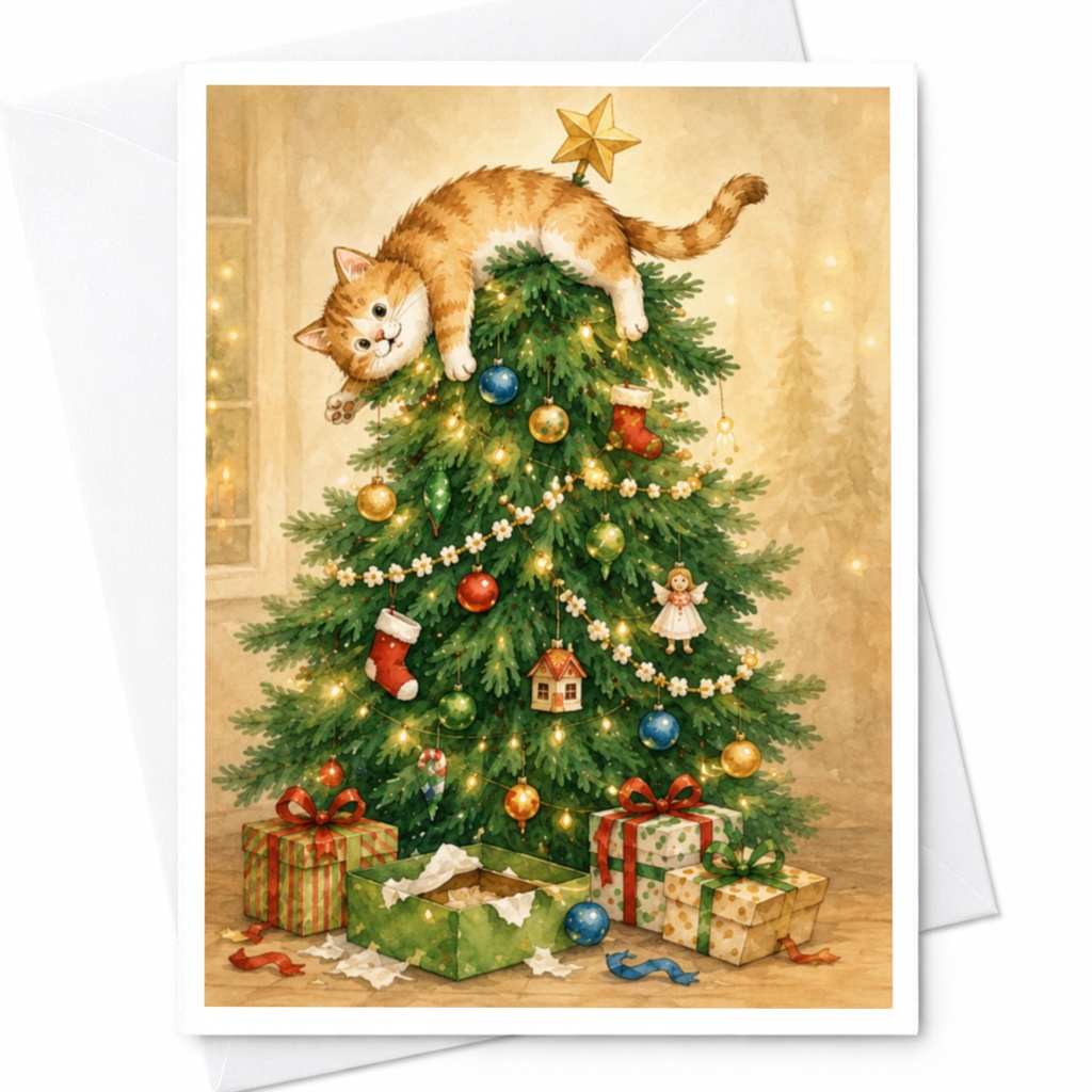Kitten On Christmas Tree Card Festive Holiday Greeting Card For Cat Lovers Cute Christmas Card For Friends Family Couples C4092