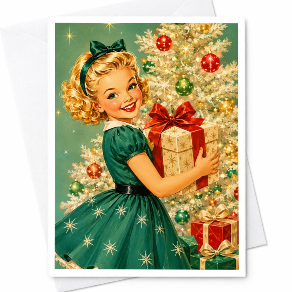 Vintage Christmas Card Retro Holiday Greeting Card Cute Girl With Gift Festive Tree Classic Xmas Card For Family Friends C4102