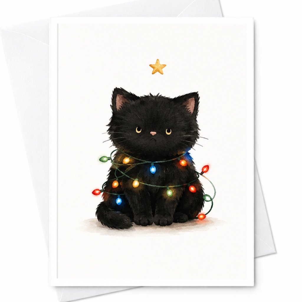 Black Cat Christmas Card Cute Holiday Greeting Card For Cat Lover Festive Lights Adorable Animal Card With Star C4071