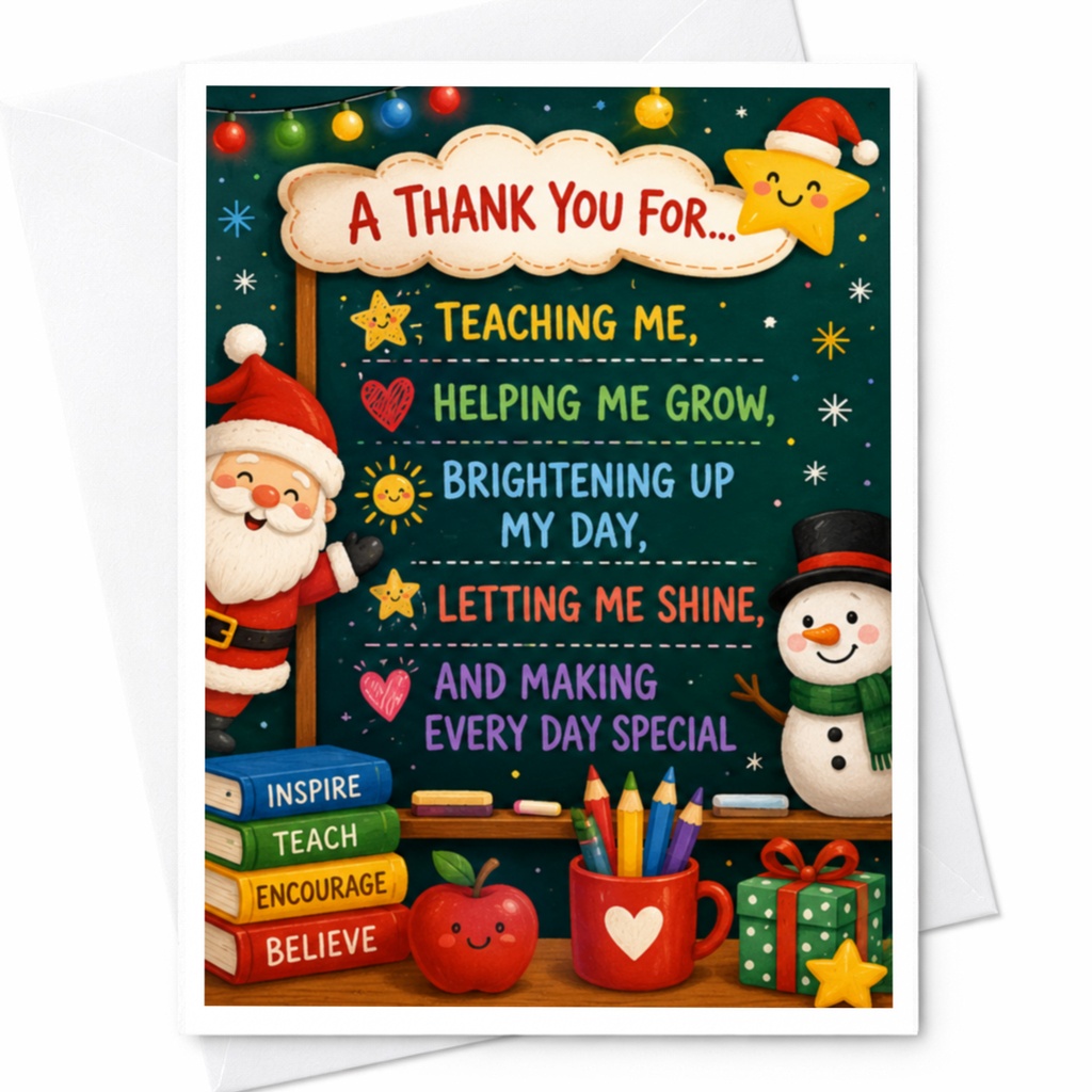 A Thank You For Teaching Me Helping Me Grow Christmas Thank You Card Teacher Appreciation Holiday Card Santa Snowman C4105