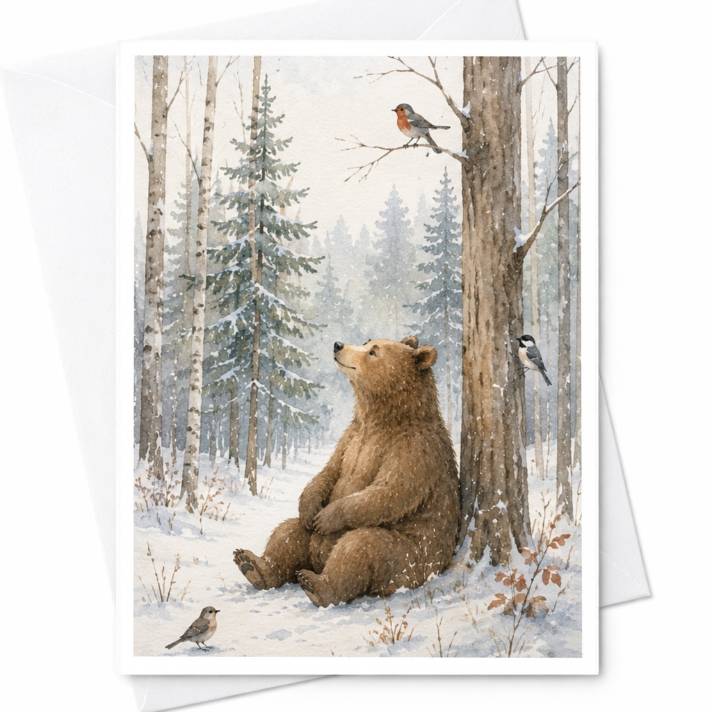 Bear In Snowy Forest Christmas Card Winter Wildlife Greeting Card For Nature Lover Woodland Animal Art Holiday Card C4106