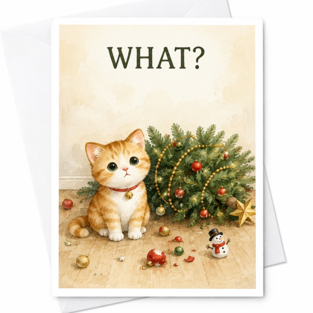 What? Funny Christmas Card Cute Cat Holiday Greeting Card For Cat Lover Xmas Card With Tree And Ornaments C4073
