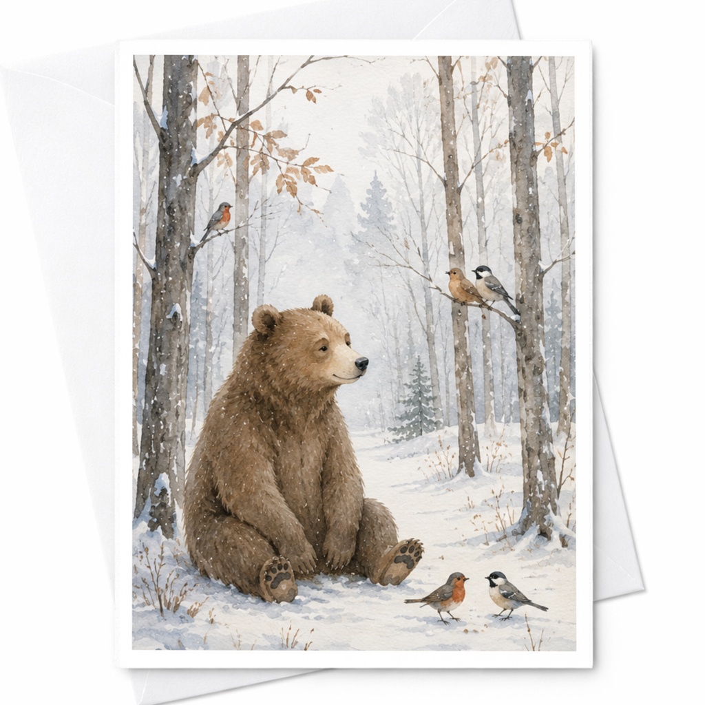 Bear And Birds Christmas Card Winter Forest Scene Greeting Card Cute Animal Holiday Card For Nature Lover Woodland Art C4107