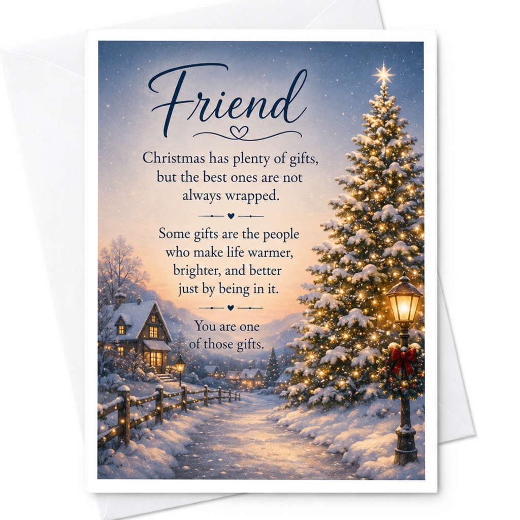 Friend Christmas Card Warm Wishes Holiday Greeting Card For Friend Festive Winter Scene Christmas Tree Cozy Village C4108