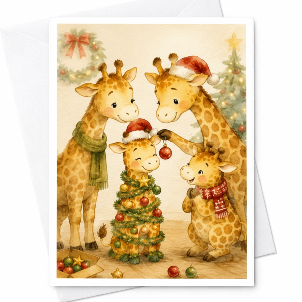 Giraffe Family Christmas Card Cute Animal Holiday Greeting Card For Kids Family Festive Season Card With Santa Hats C4078