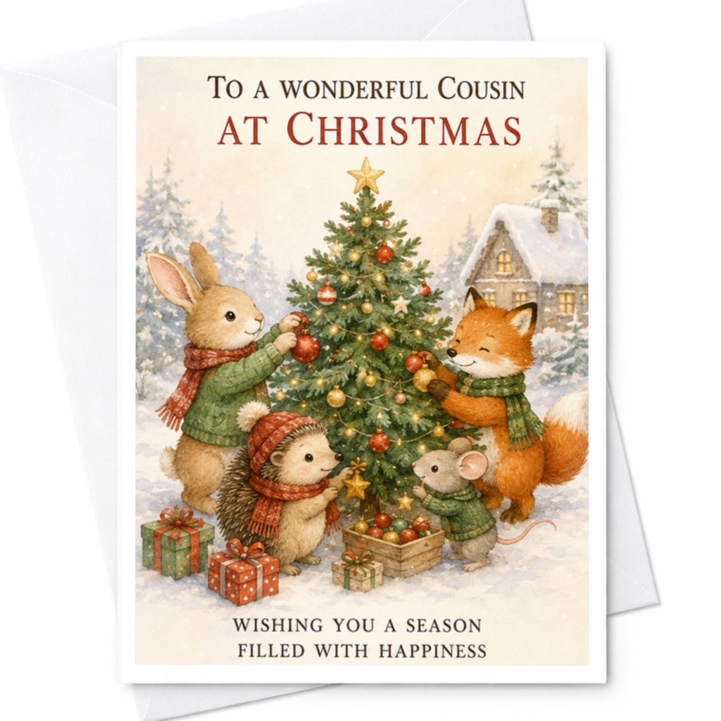 To A Wonderful Cousin At Christmas Cute Forest Animals Christmas Card Festive Holiday Greeting Card For Cousin Winter Scene C4082