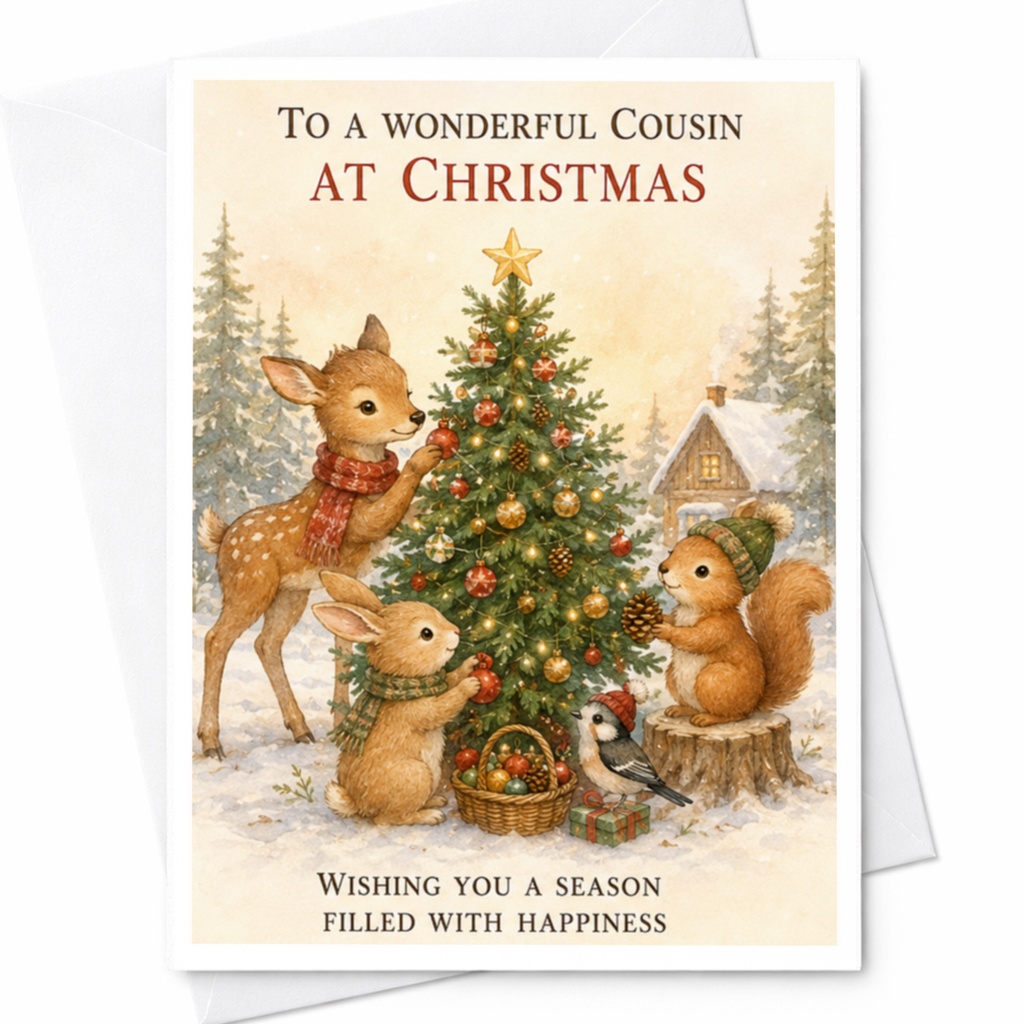 To A Wonderful Cousin At Christmas Card Forest Animals Holiday Greeting Card Cute Woodland Creatures Festive Xmas Card C4083