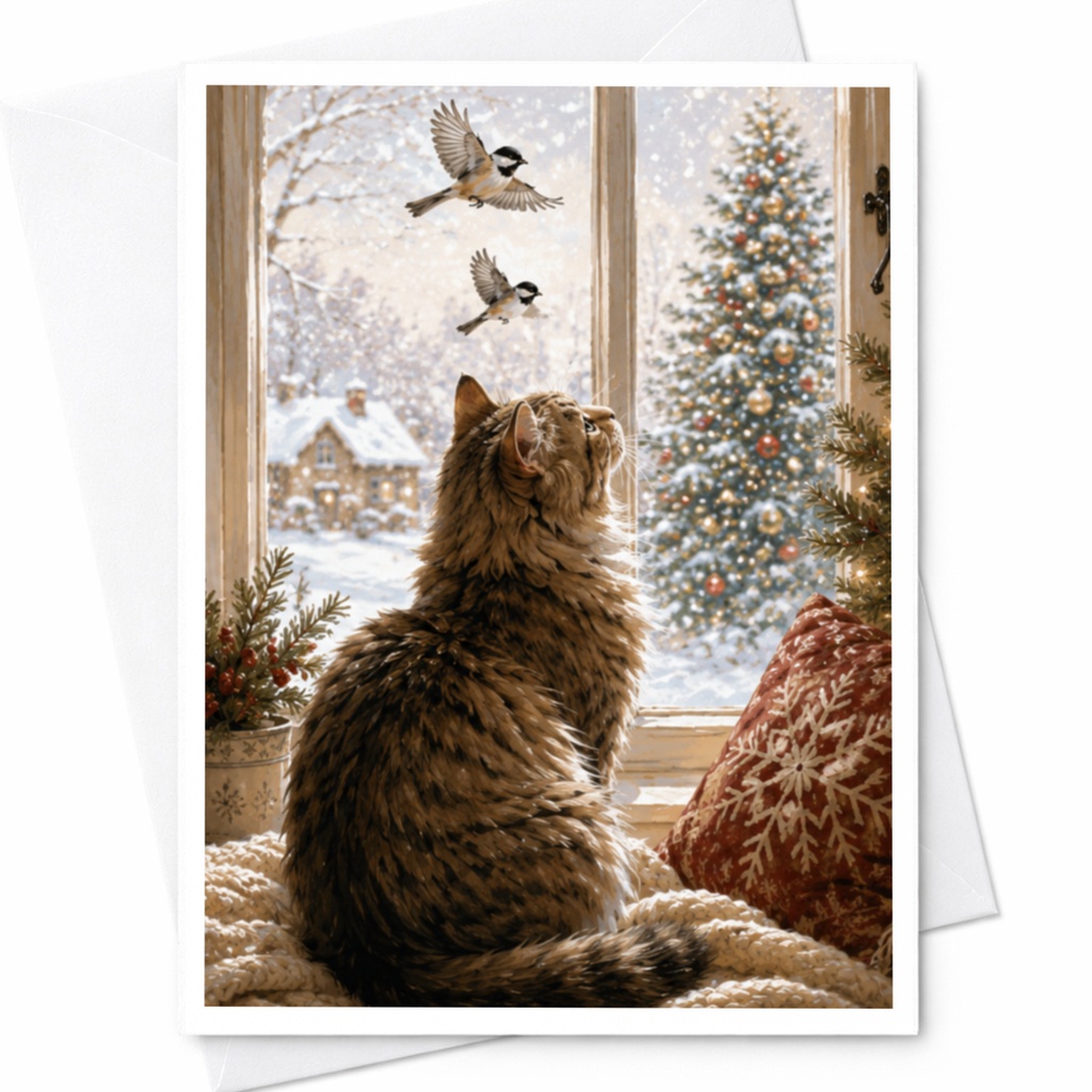 Cat And Birds Christmas Card Cozy Winter Scene Holiday Greeting Card For Cat Lover Animal Lover Festive Seasonal Card C4088