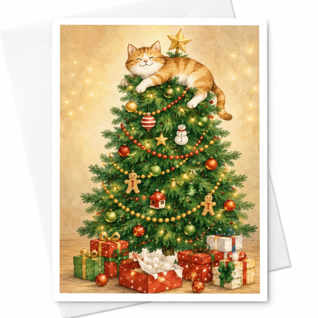 Kitten On Christmas Tree Greeting Card Festive Holiday Card For Cat Lovers Cute Christmas Card For Friends Family C4093