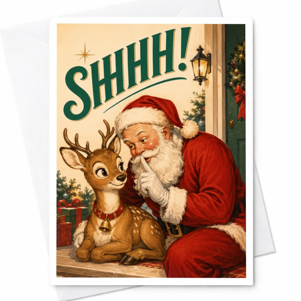 Shhh! Vintage Santa And Reindeer Christmas Card Retro Holiday Greeting Card Classic Festive For Christmas Lovers C4100