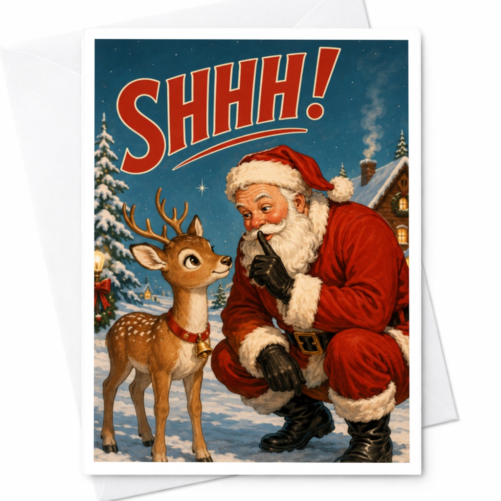 Shhh! Vintage Santa And Reindeer Christmas Card Retro Holiday Greeting Card Cute Festive Illustration For Family Friends C4101