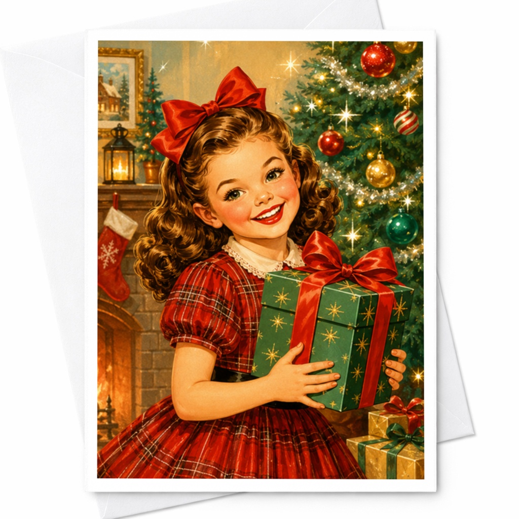 Vintage Christmas Card Retro Holiday Greeting Card Cute Girl With Gift Christmas Tree Festive Card For Family Friends C4103