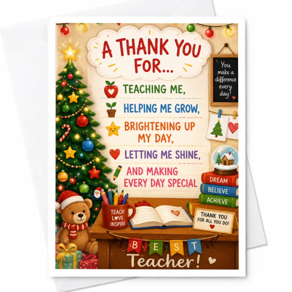 A Thank You For Teaching Me Helping Me Grow Christmas Thank You Card Best Teacher Holiday Greeting Card From Student C4104