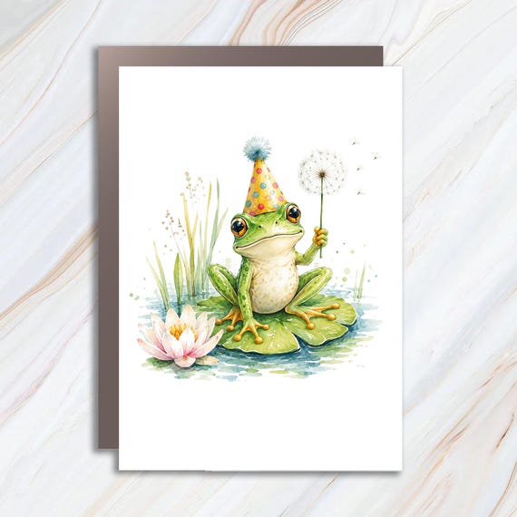 Frog With Party Hat Blank Greeting Card Cute Animal Card Watercolor Nature Card For Kids Birthday Celebration Whimsical BC161