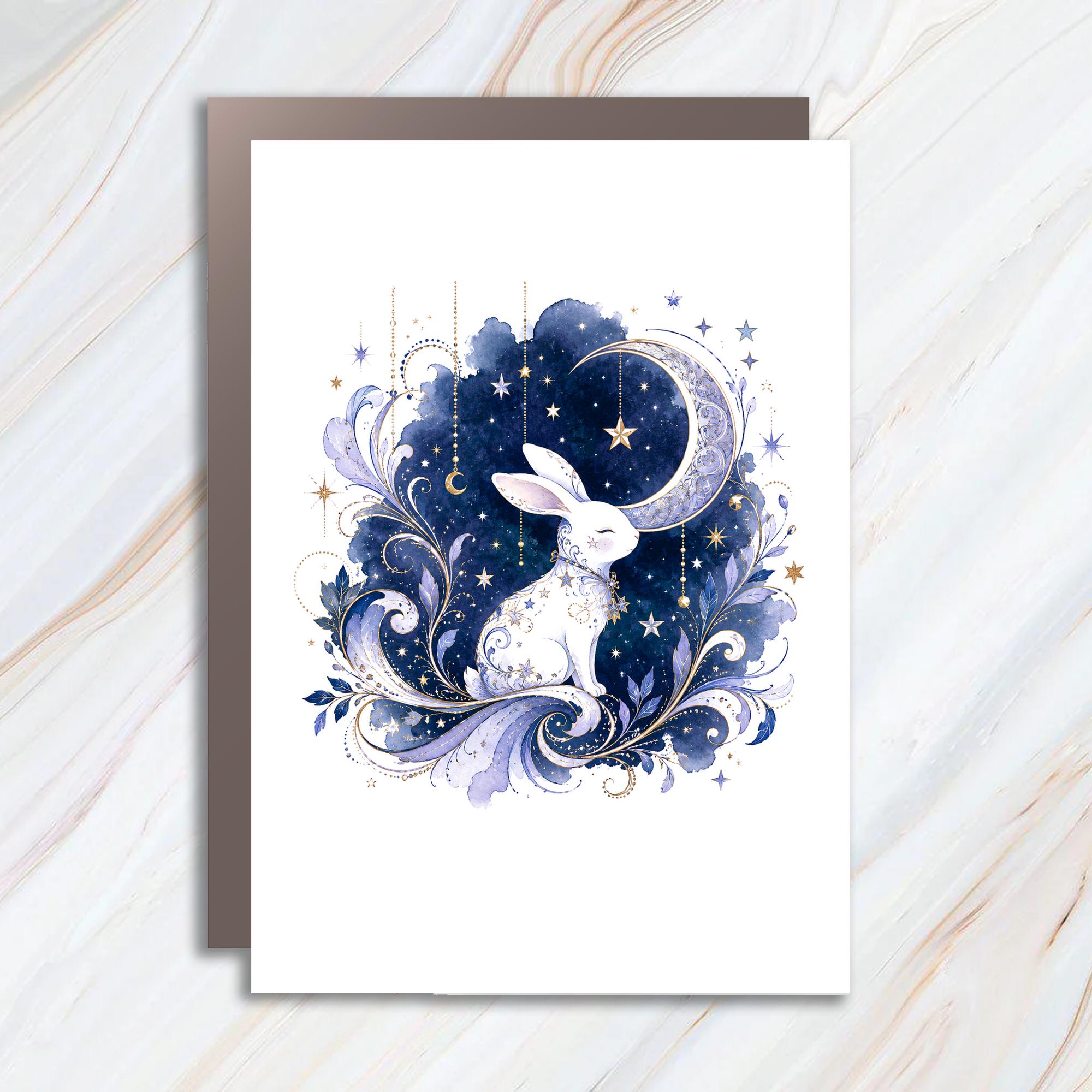 Celestial Rabbit Greeting Card Mystical Moon And Stars Blank Card For Animal Lover Whimsical Art Card For Any Occasion BC165
