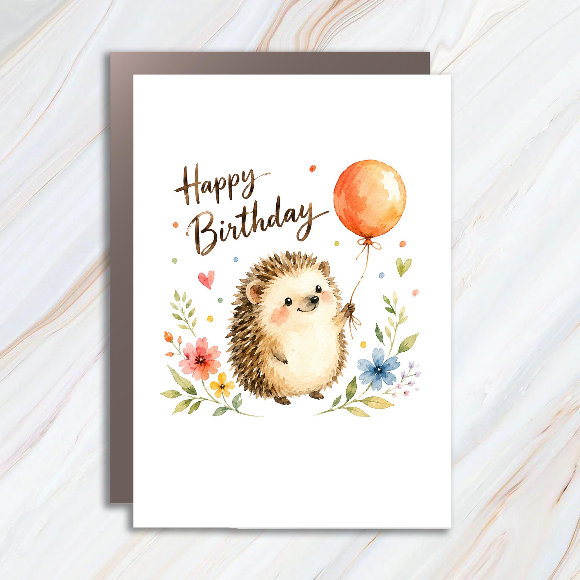 Happy Birthday Cute Hedgehog Card Watercolor Animal Birthday Card For Kids Adorable Balloon Floral BC170