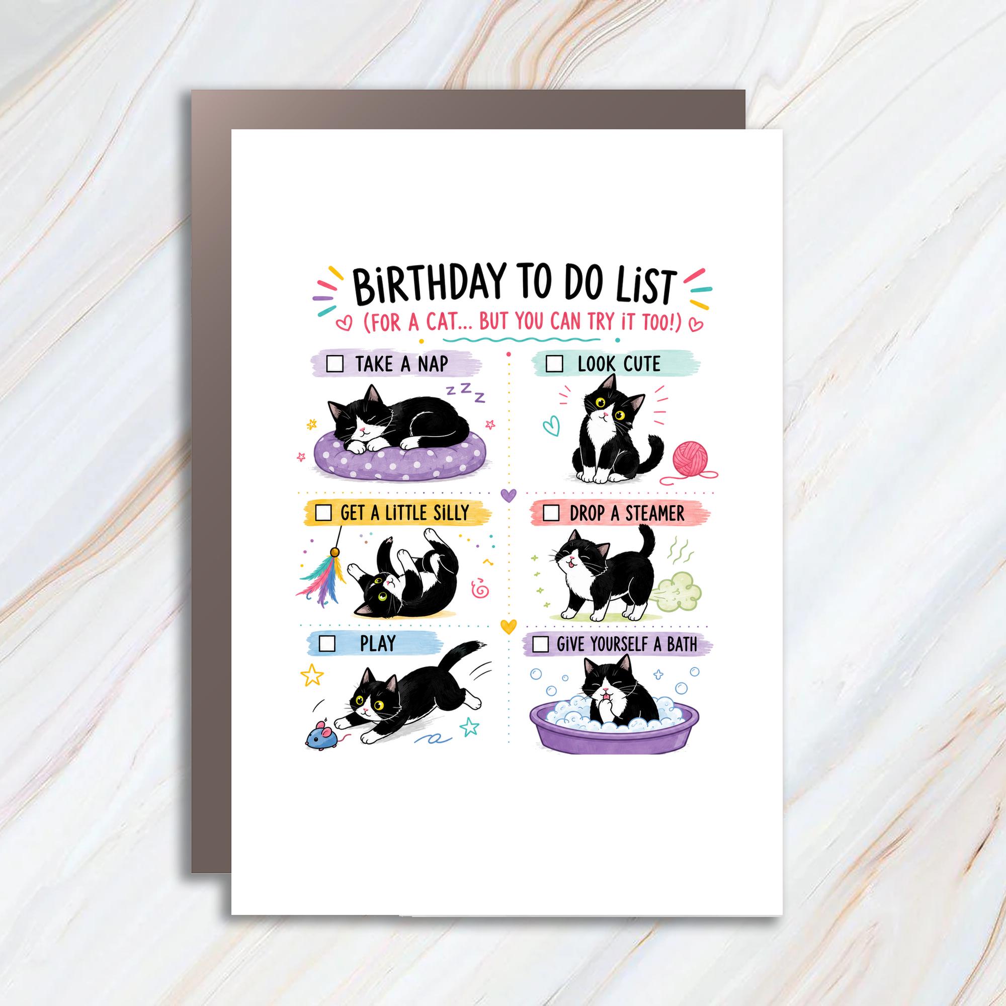 Birthday To Do List (for A Cat... But You Can Try It Too!) Funny Birthday Card Cute Cat Lover Card Animal Birthday Card BC173