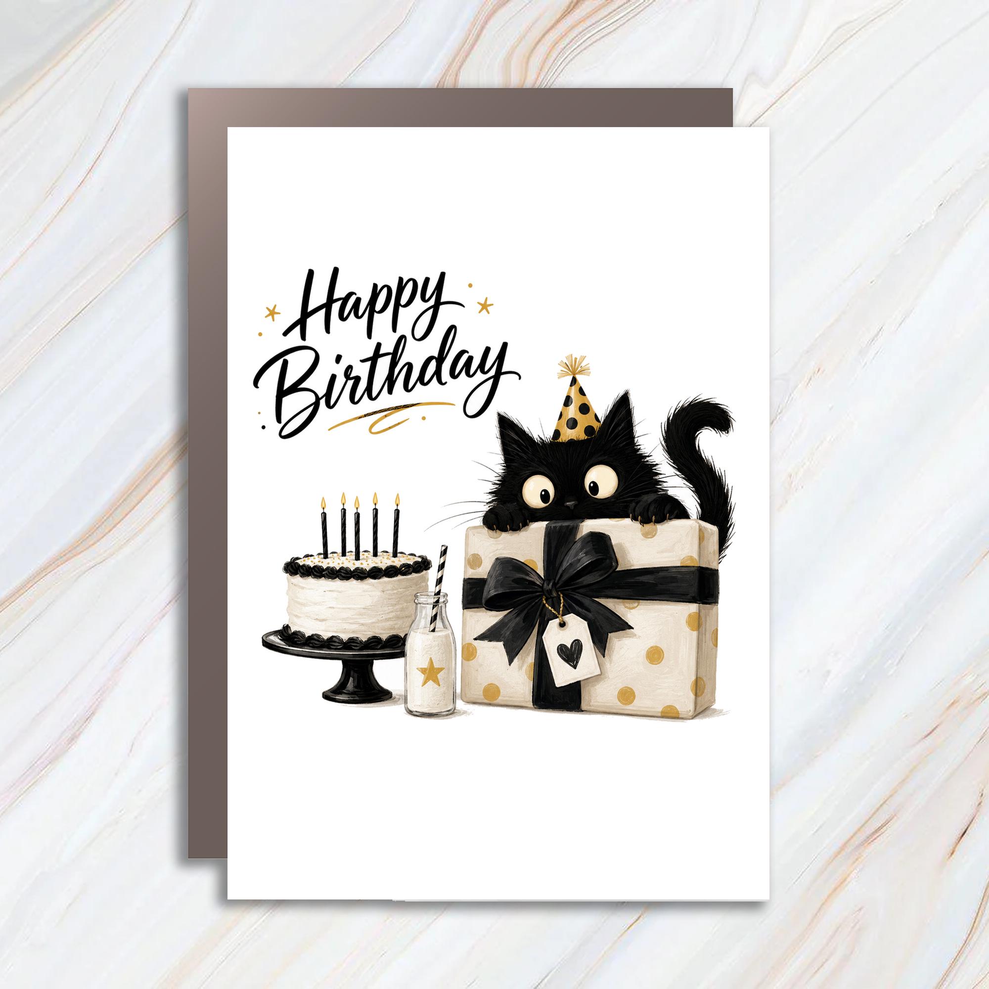 Happy Birthday Cute Cat Birthday Card Adorable Kitten With Gift And Cake For Cat Lover Fun Animal Greeting Card BC174