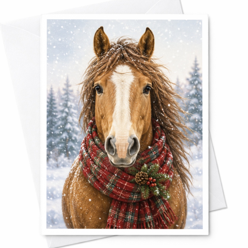 Horse In Winter Scarf Christmas Greeting Card Festive Holiday Card For Animal Lover Cute Winter Scene Card C4112