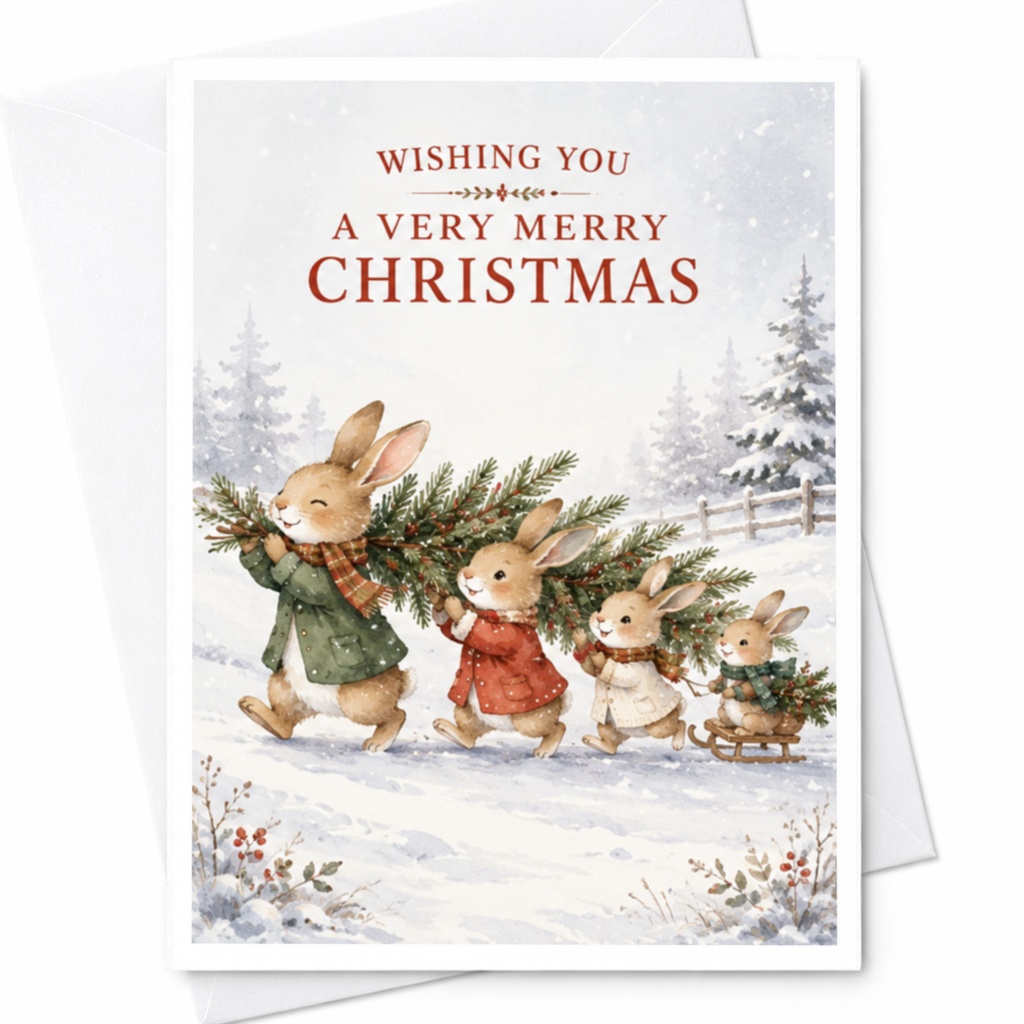 Wishing You A Very Merry Christmas Cute Bunnies Christmas Card Winter Holiday Greeting Card For Family Friends Kids C4114