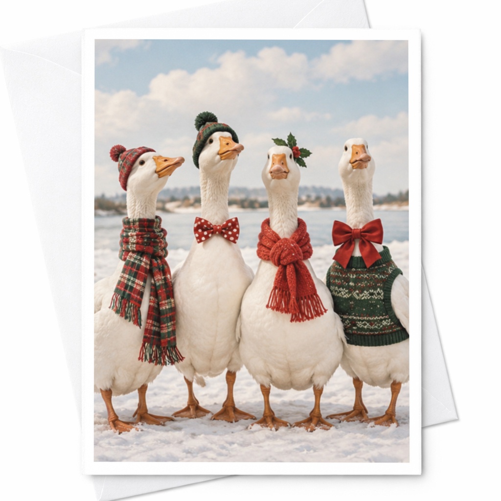 Geese In Winter Attire Christmas Card Cute Holiday Greeting Card For Animal Lover Festive Goose Card With Scarves And Hats C4119