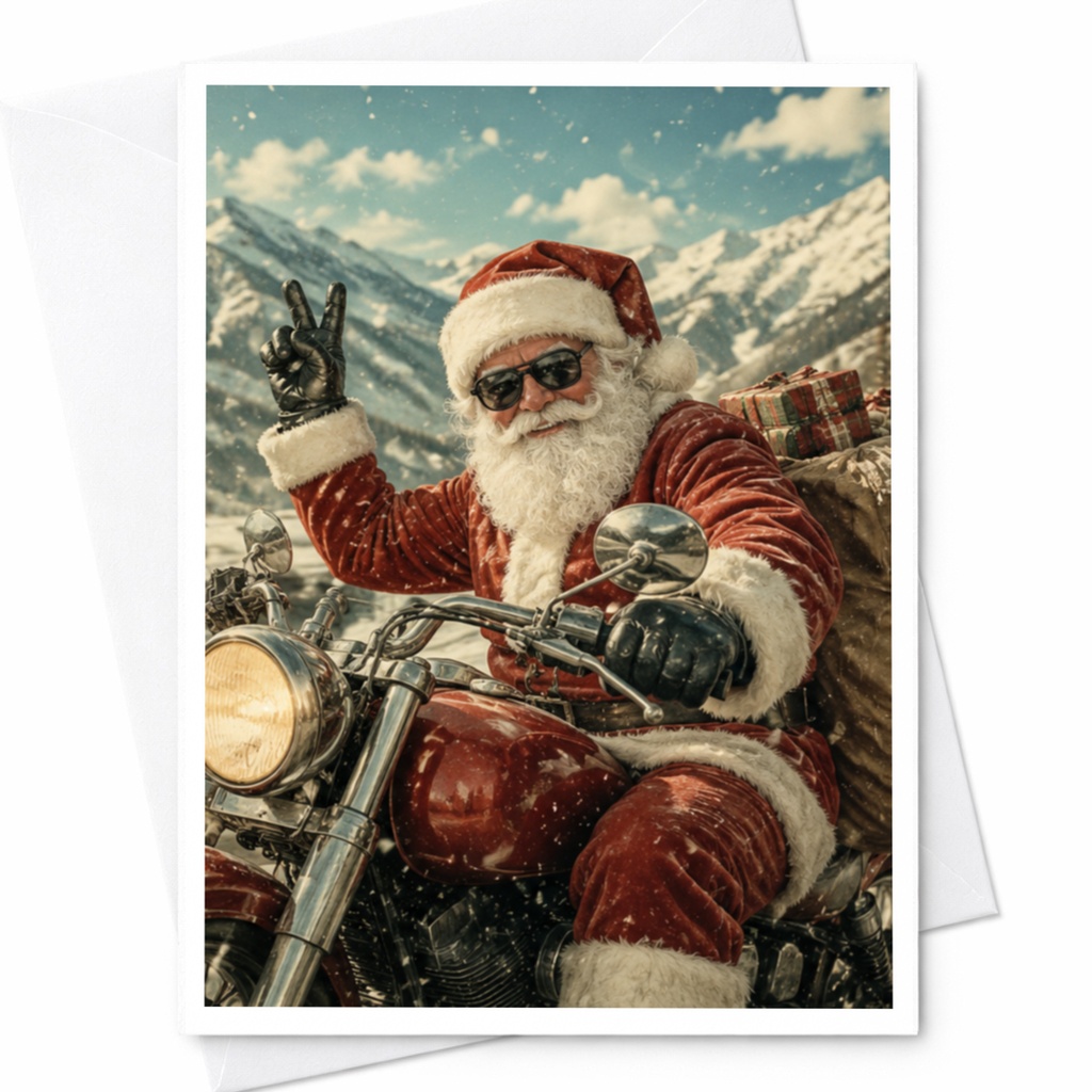 Santa On Motorcycle Christmas Card Funny Holiday Greeting Card For Him Cool Santa Biker Card Unique Xmas Card For Dad C4120