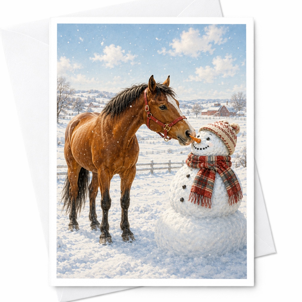 Horse And Snowman Christmas Card Winter Scene Holiday Greeting Card For Animal Lover Cute Seasonal Card Snowy Farm C4133