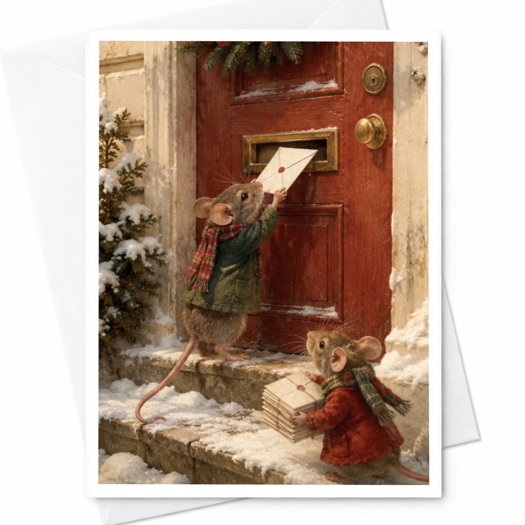 Mice Delivering Letters Christmas Card Cute Holiday Greeting Card For Family Friends Winter Scene Animal Lover C4135