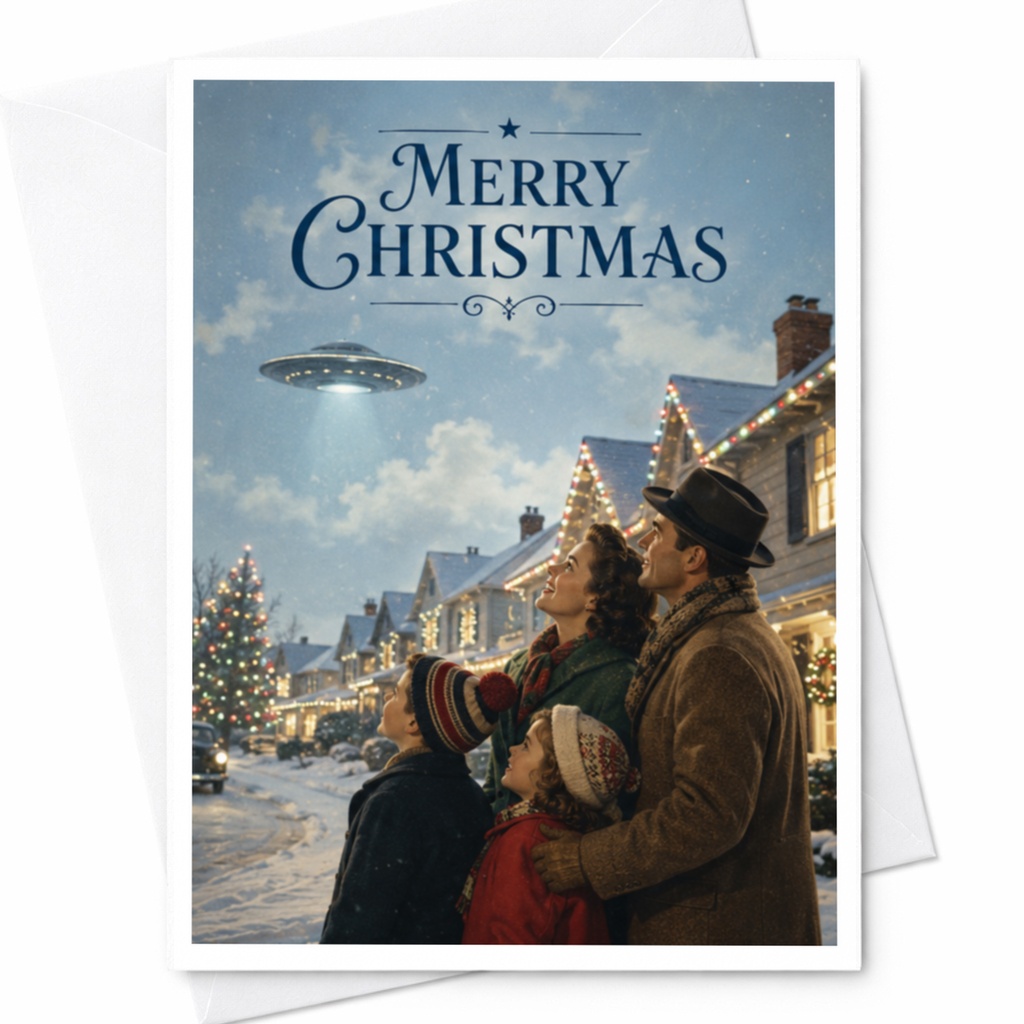 Merry Christmas Vintage Christmas Card Family Looking At Ufo Holiday Greeting Card Festive Winter Scene For Friends C4136