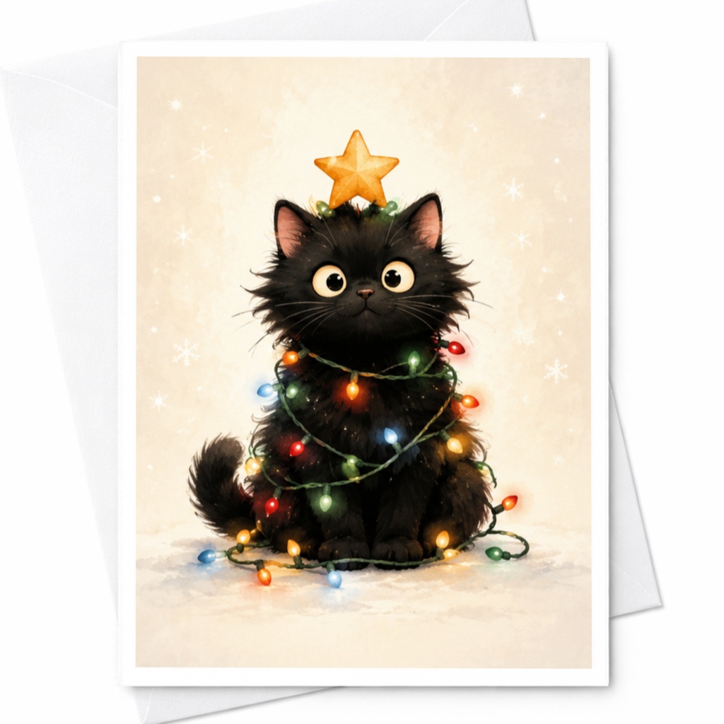 Cute Cat Christmas Card Adorable Holiday Greeting Card For Cat Lovers Festive Lights Kitty Card Animal Lover Xmas Card C4139
