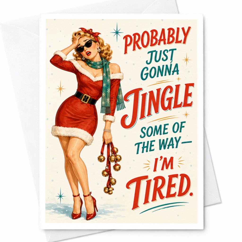Probably Just Gonna Jingle Some Of The Way—i'm Tired. Funny Christmas Card Vintage Style Holiday Greeting For Friend Retro Santa D C4141